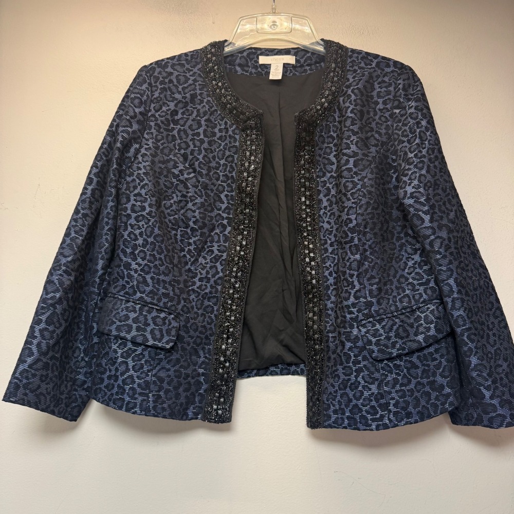 Chico's Jacket Women 2 Navy Blue Excellent Beaded Leopard Jacquard Open Front